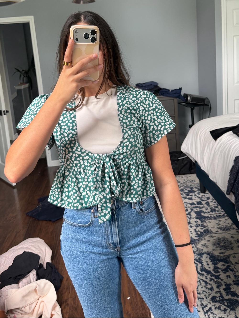 Green Floral Tie-Front Peplum Top